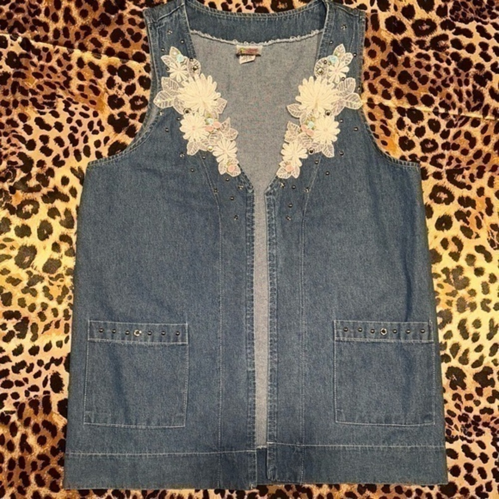 Vintage Cactus Lace Appliqué Denim Vest